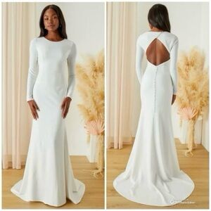 Lulus Medium Eloquent Endearment White Long Sleeve Backless Wedding Dress NWT